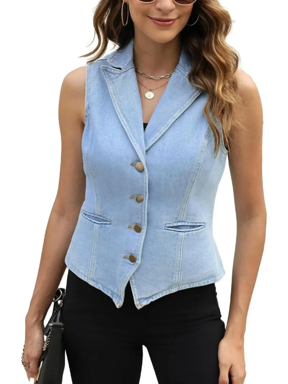 Women's Light Blue Lapel Denim Vest Sleeveless Business Work Jean Waistcoat Vest - Picture 2 of 5
